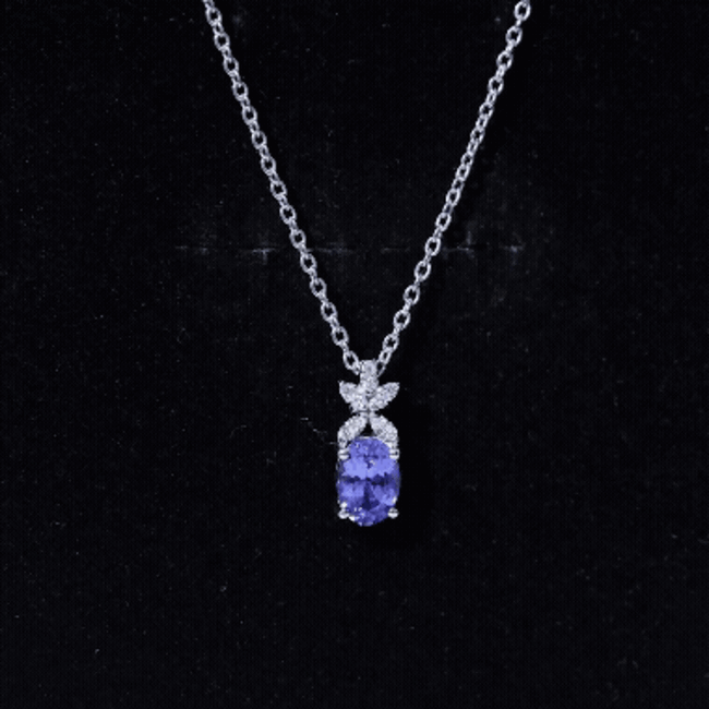Oval Shaped 1 Carat Tanzanite Pendant Necklace with Diamond Flower AAA 92.5 Sterling Silver - Rosec Jewels