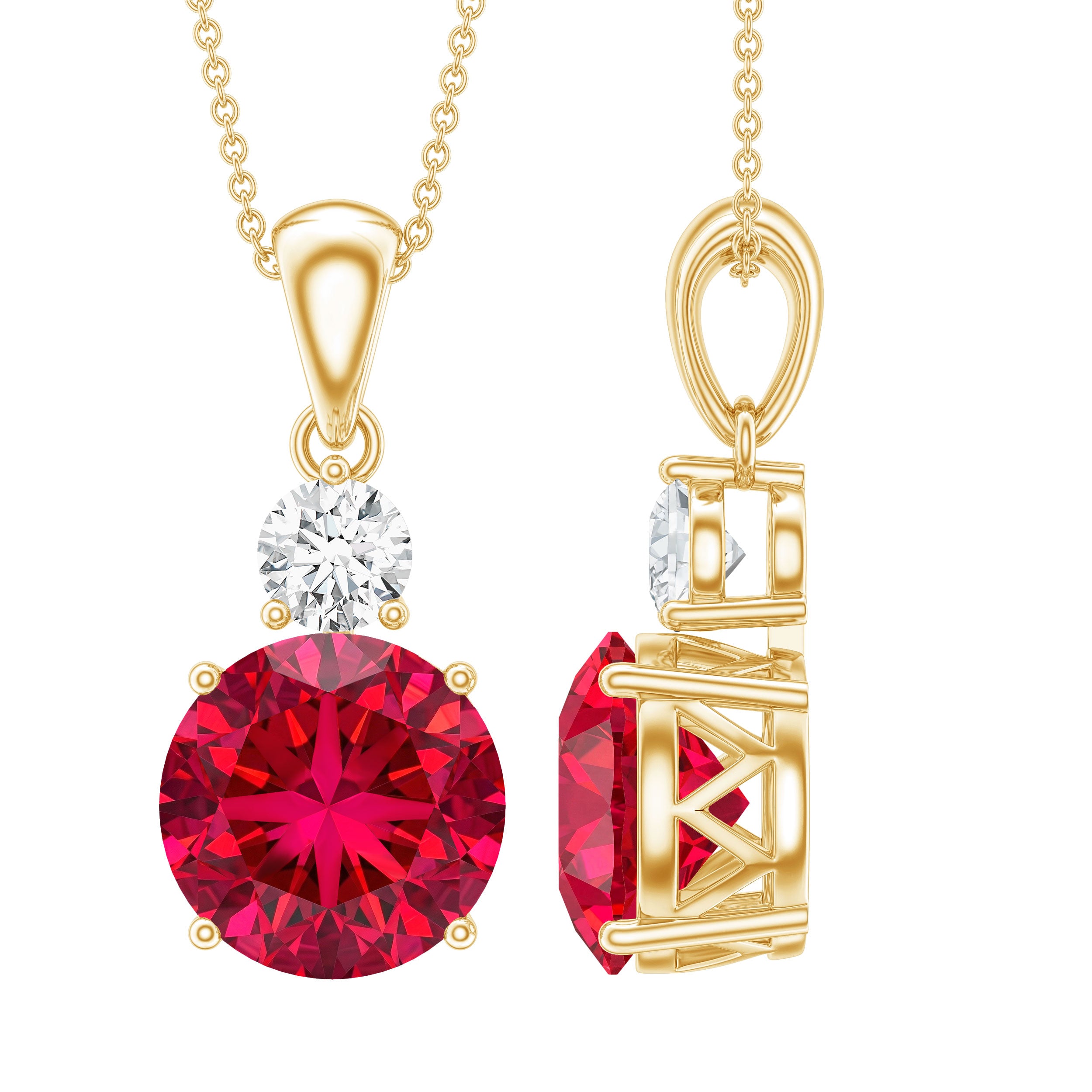 Certified 2.5 Carat Lab Grown Ruby Pendant Necklace with Moissanite AAAA 14K Yellow Gold Plated Silver - Rosec Jewels