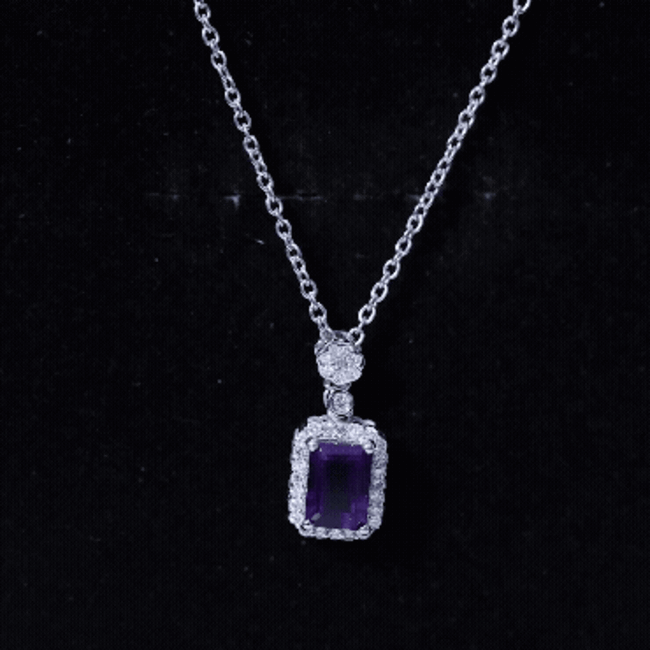 Genuine 1.1 Carat Emerald Cut Amethyst Vintage Necklace with Diamond Halo AAA 92.5 Sterling Silver - Rosec Jewels