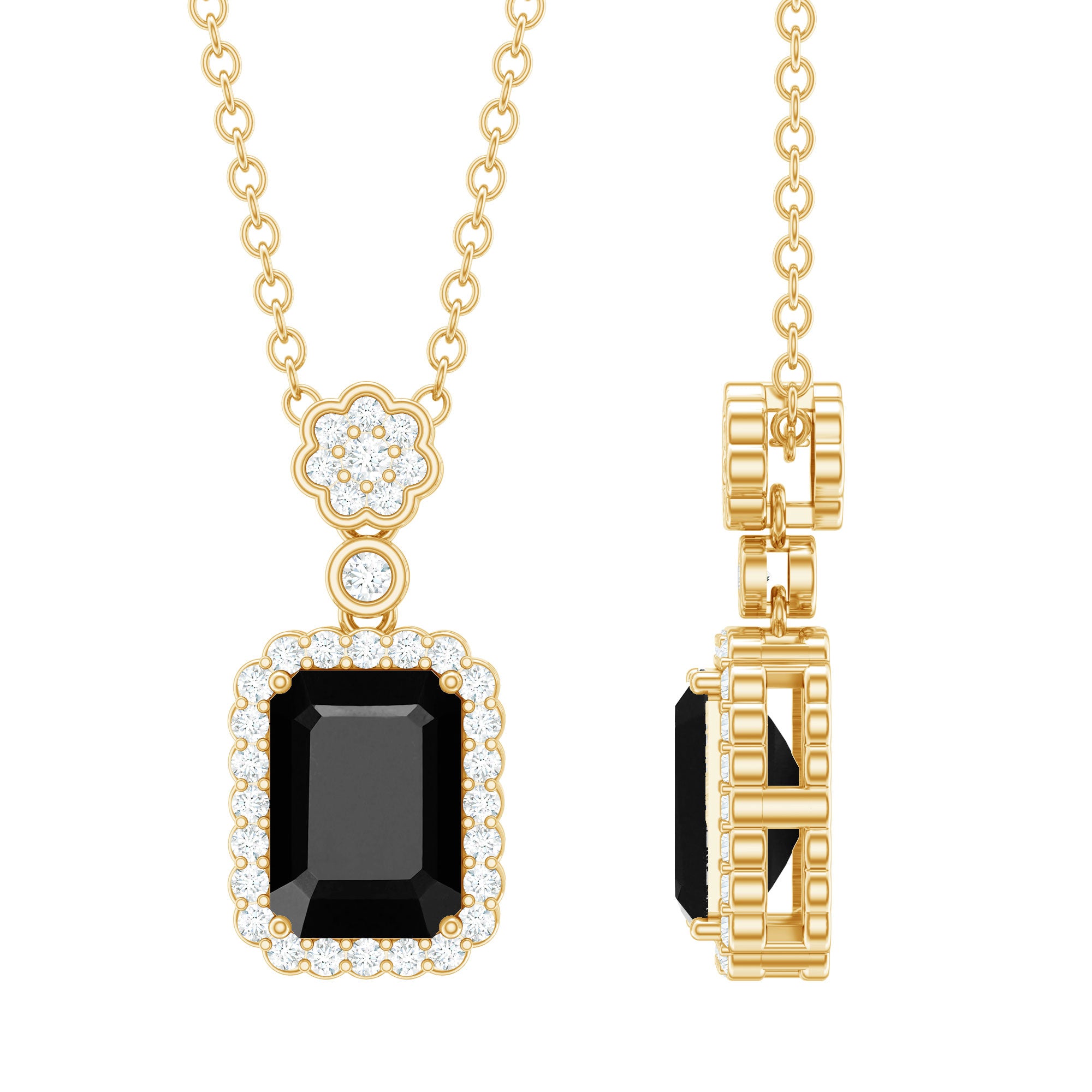 Rosec Jewels-Emerald Cut Black Spinel and Diamond Retro Statement Necklace with Chain