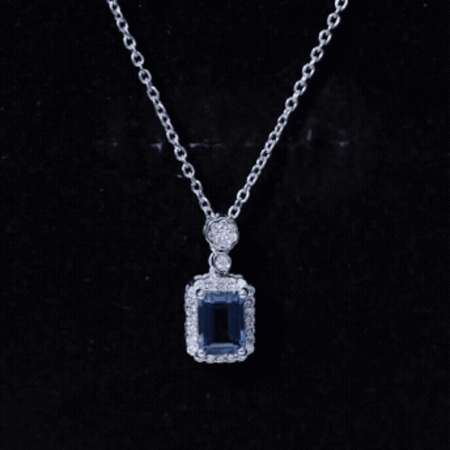 Genuine 1.1 Carat London Blue Topaz Emerald Cut Necklace with Diamond Halo AAA 92.5 Sterling Silver - Rosec Jewels