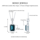 Genuine 1.1 Carat London Blue Topaz Emerald Cut Necklace with Diamond Halo AAA 92.5 Sterling Silver - Rosec Jewels