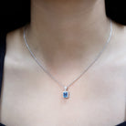 Genuine 1.1 Carat London Blue Topaz Emerald Cut Necklace with Diamond Halo AAA 92.5 Sterling Silver - Rosec Jewels