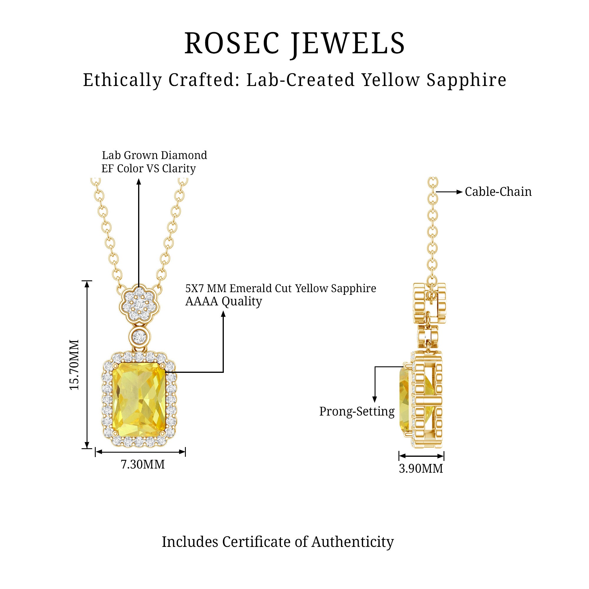 Vintage Inspired 1 Carat Lab Created Yellow Sapphire Necklace with Diamond Halo AAAA 14K Yellow Gold Plated Silver - Rosec Jewels