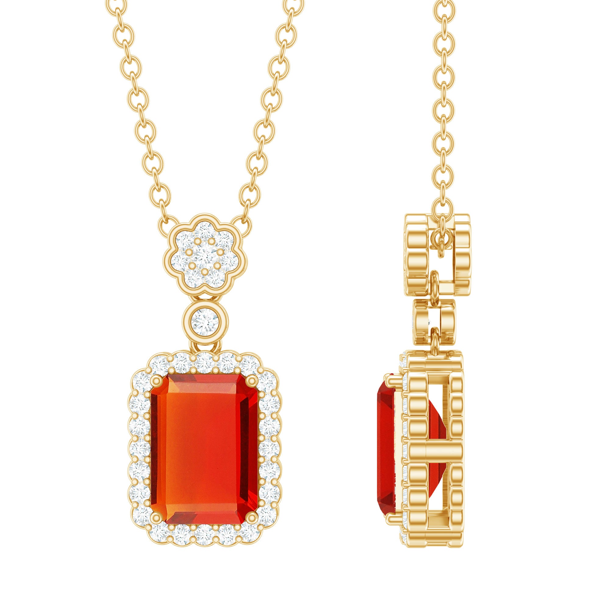 Rosec Jewels-Emerald Cut Fire Opal Vintage Necklace with Diamond