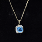 Certified 3 Carat Asscher Cut Swiss Blue Topaz Pendant Necklace with Diamond Halo AAA 14K Yellow Gold Plated Silver - Rosec Jewels