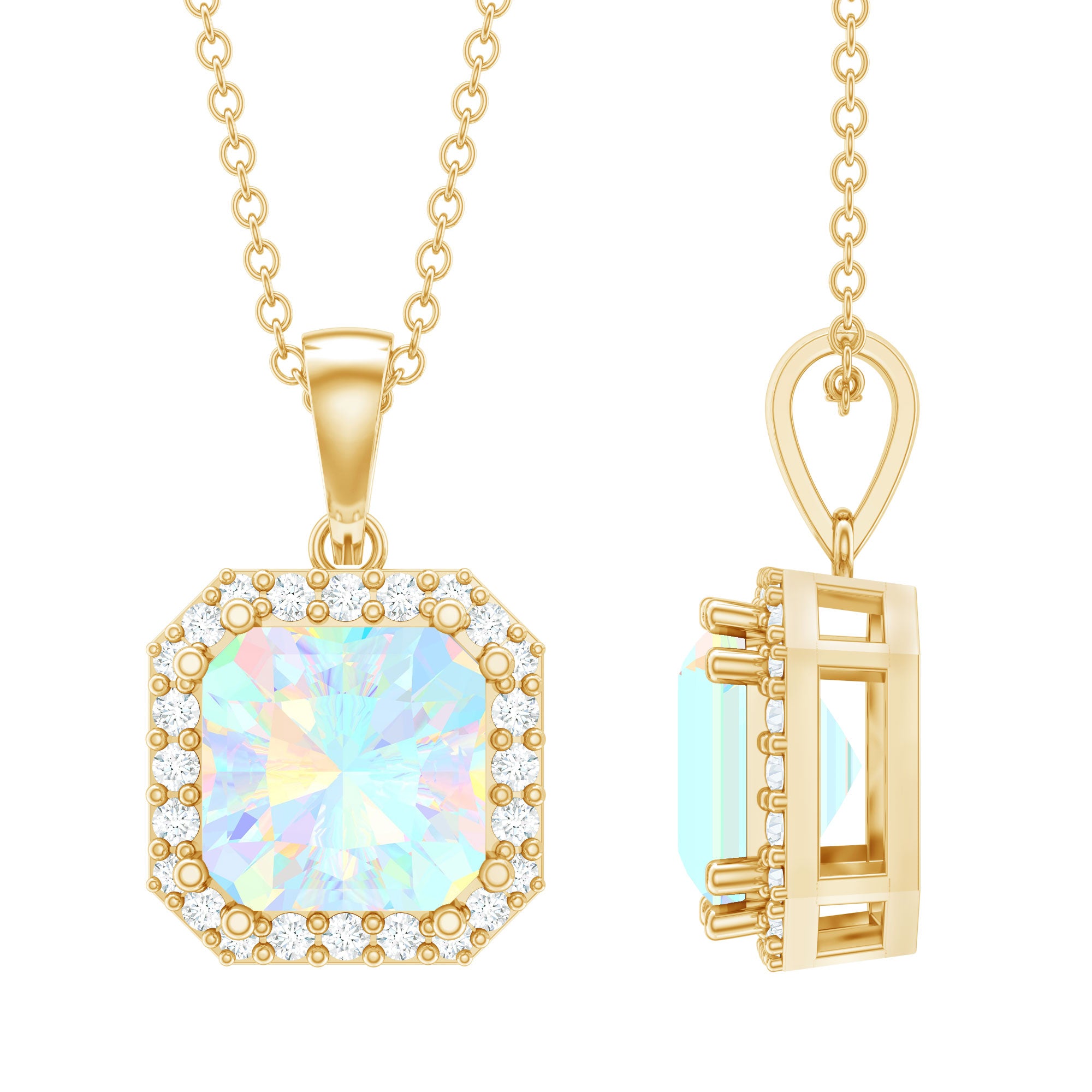Asscher Cut Ethiopian Opal Pendant Necklace with Diamond Halo
