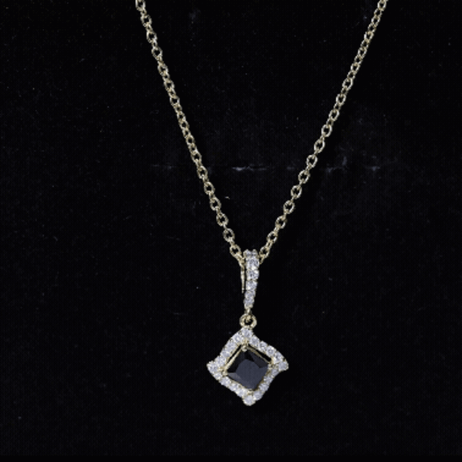 Sterling Silver Black Spinel Necklace with Diamond Halo AAA 14K Yellow Gold Plated Silver - Rosec Jewels