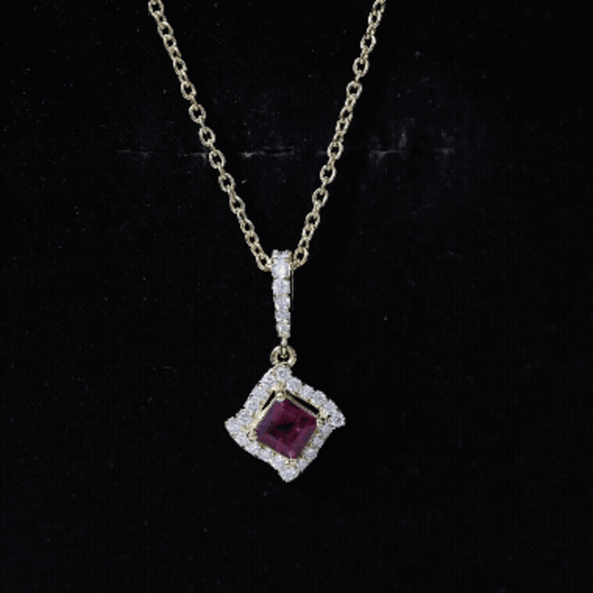 Princess Cut Rhodolite and Diamond Halo Pendant Necklace AAA 14K Yellow Gold Plated Silver - Rosec Jewels