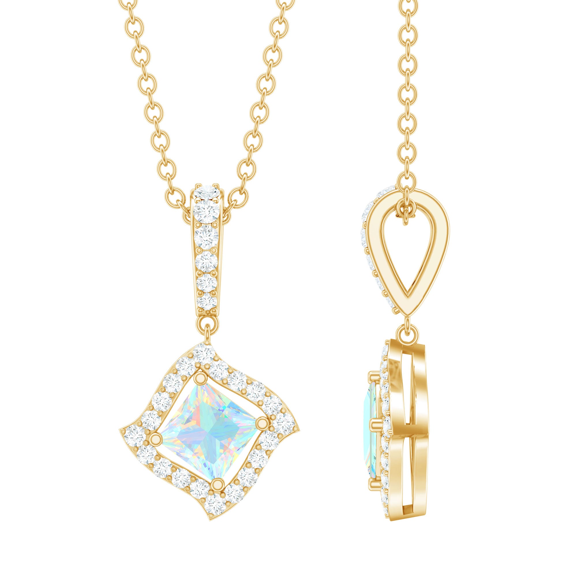 Rosec Jewels-Princess Cut Ethiopian Opal and Diamond Halo Pendant with Silver Chain