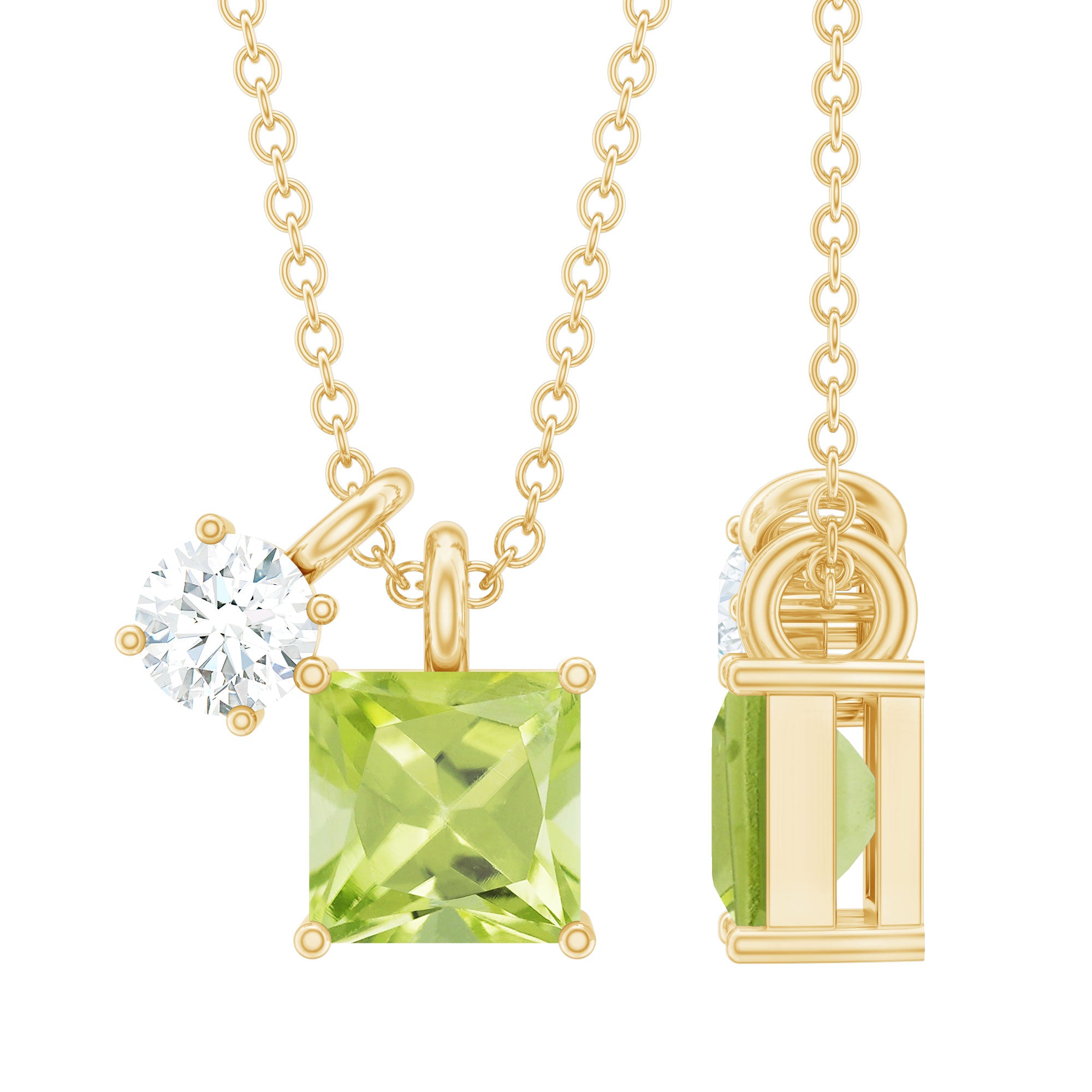 Princess Cut 6 MM Genuine Peridot Necklace with Silver Chain