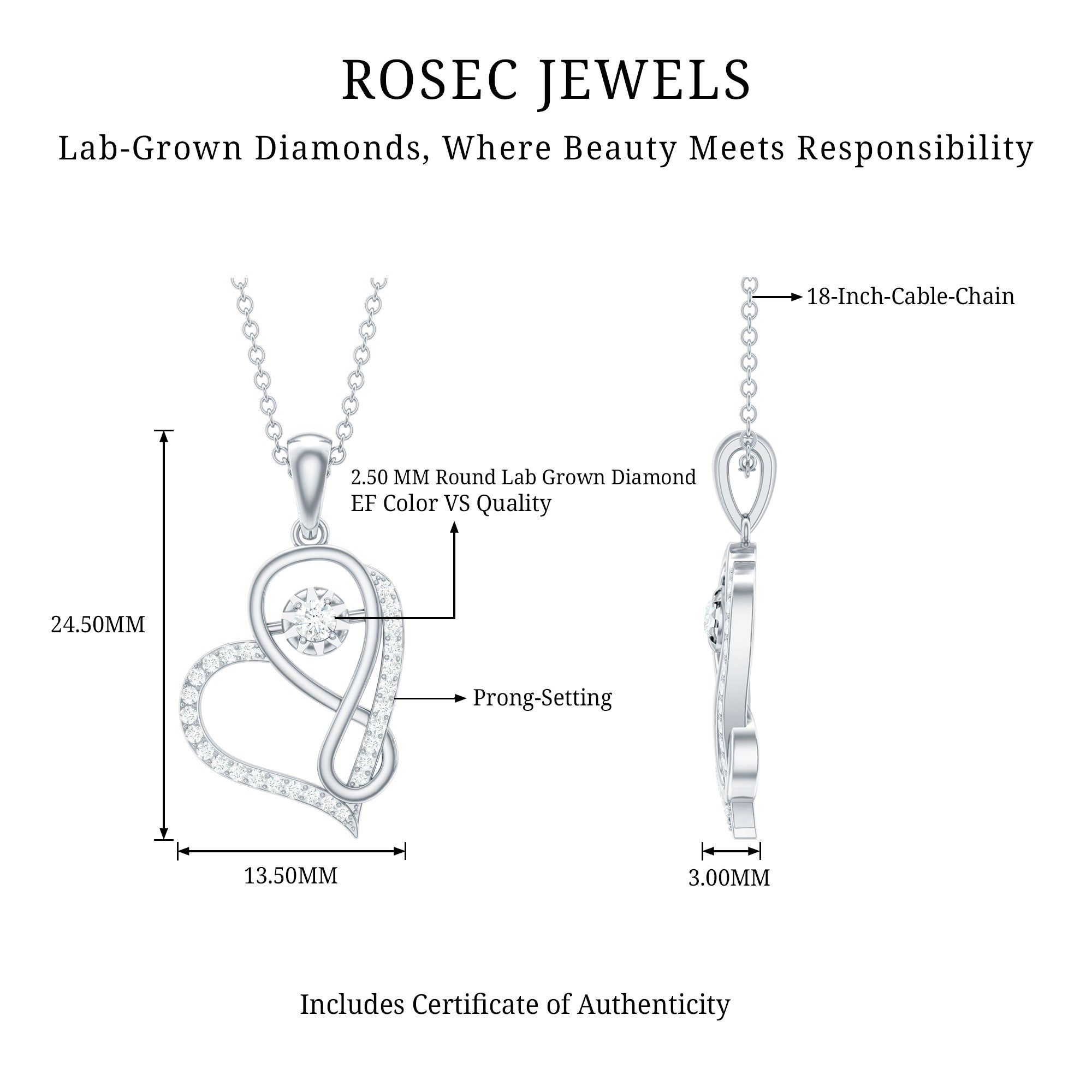Rosec Jewels-Lab Diamond Infinity Heart Necklace With Certificate