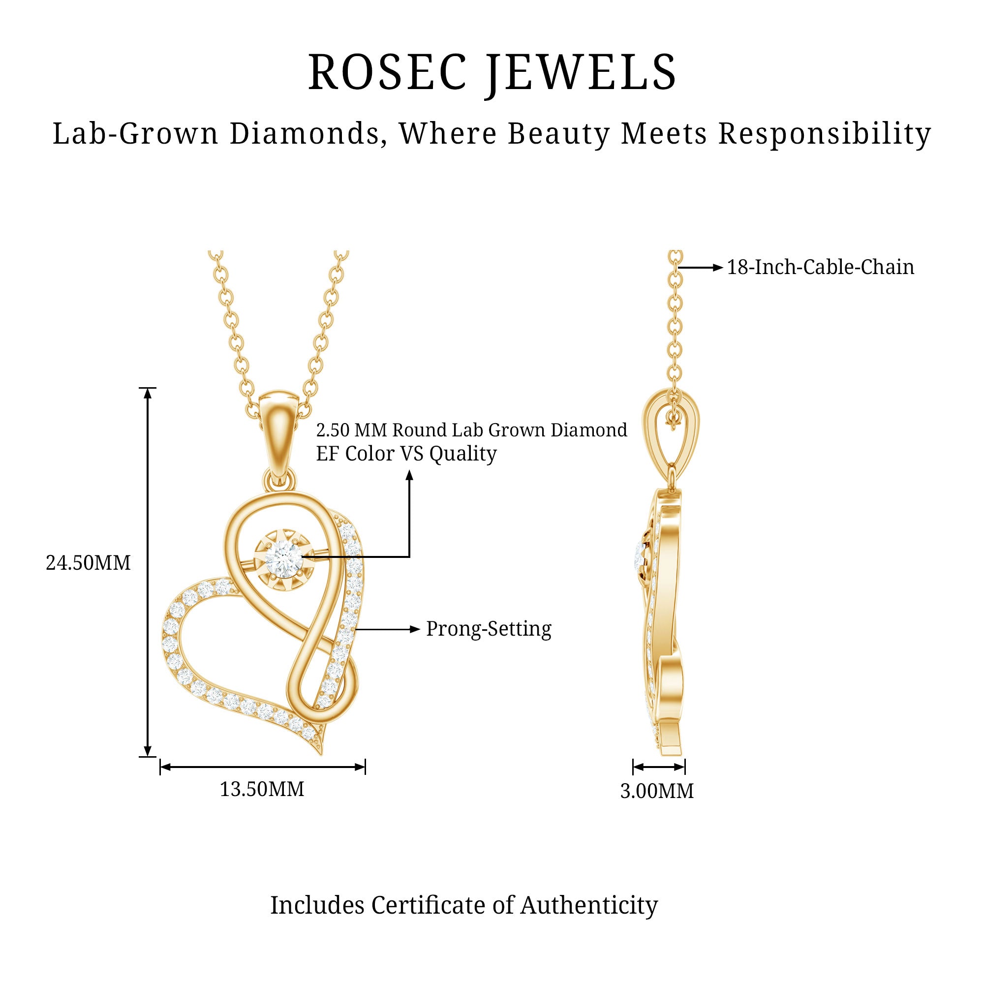 Rosec Jewels-Lab Diamond Infinity Heart Necklace With Certificate