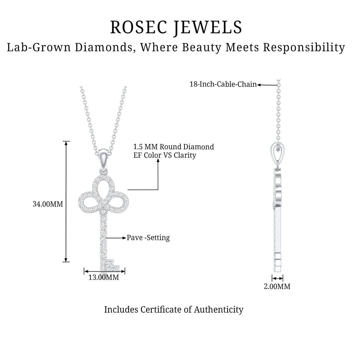 Certified Lab Created Diamond Key To My Heart Necklace Lab - ( EF-VS ) - Rosec Jewels