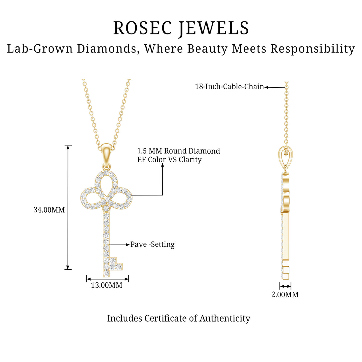 Certified Lab Created Diamond Key To My Heart Necklace Lab - ( EF-VS ) - Rosec Jewels