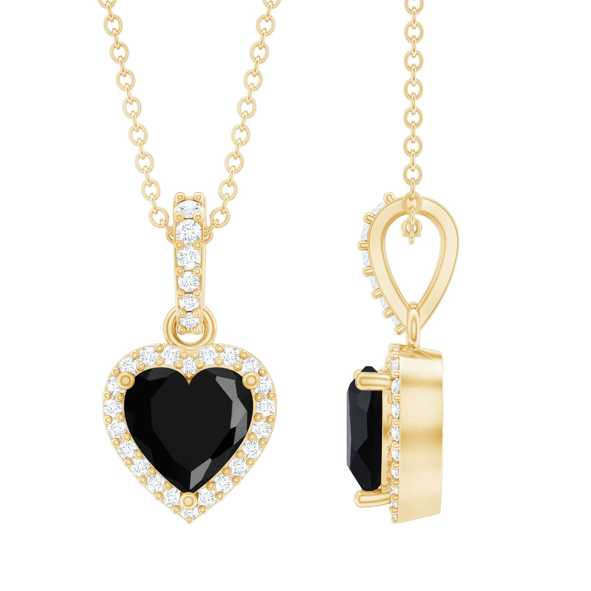 Certified Black Onyx Heart Necklace with Lab Diamond Halo