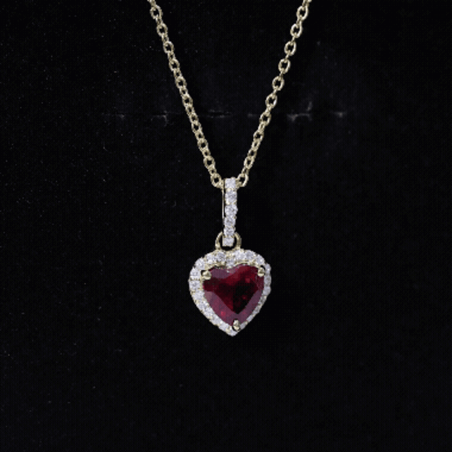 Certified 1.6 Carat Lab Created Ruby Heart Necklace with Diamond Halo AAAA 14K Yellow Gold Plated Silver - Rosec Jewels