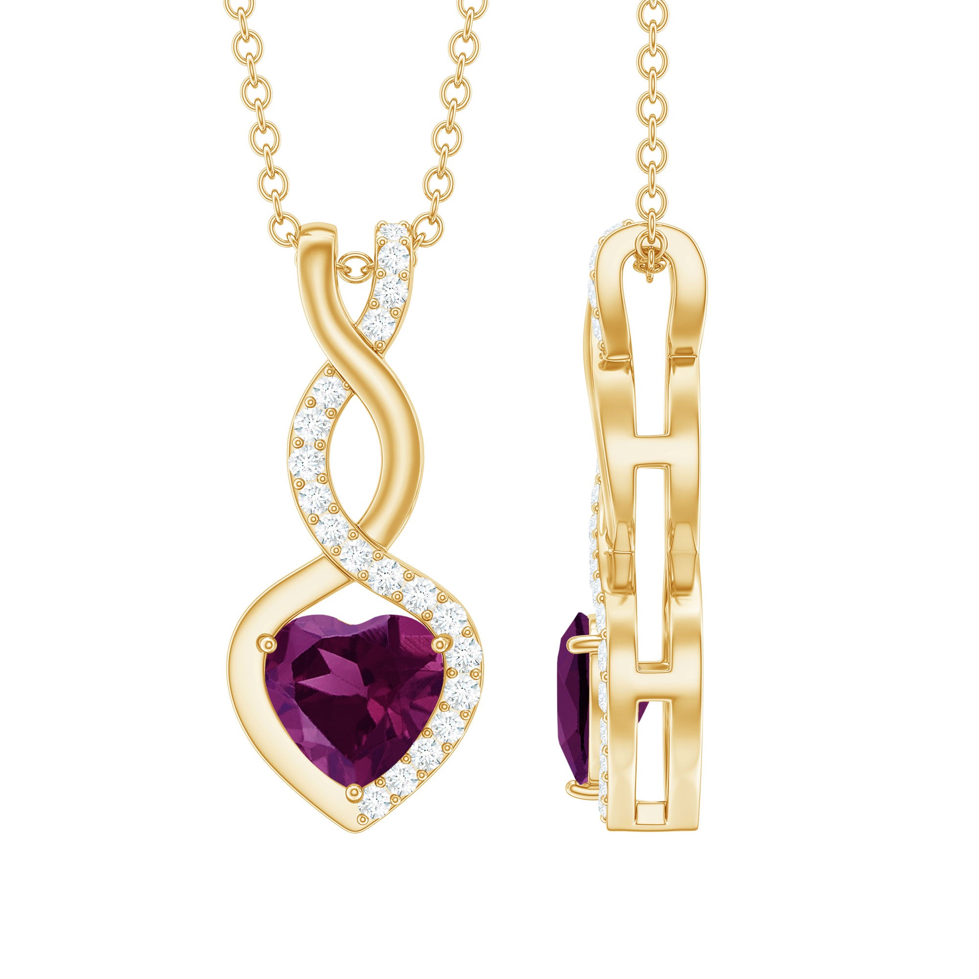 Rhodolite Garnet Heart and Infinity Necklace With Diamonds