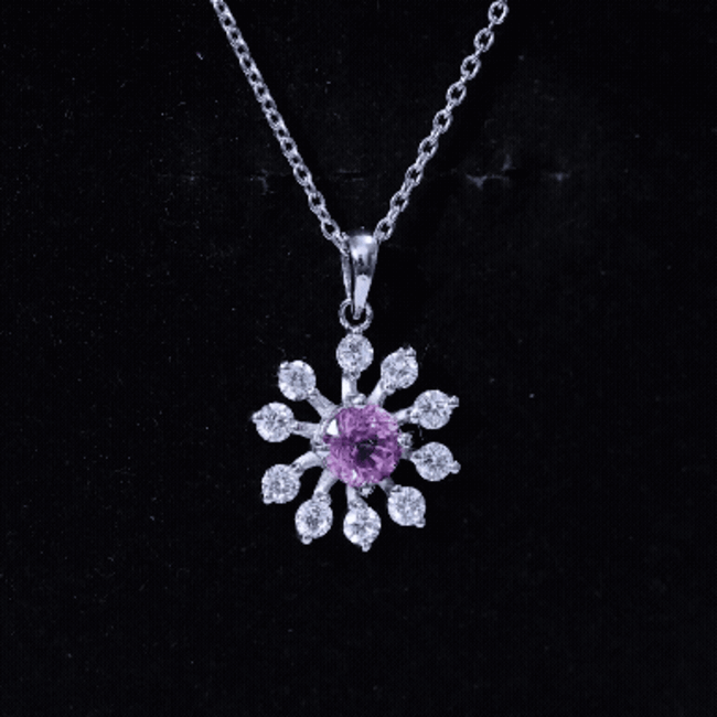 Lab Created Pink Sapphire and Diamond Flower Pendant Necklace AAAA 92.5 Sterling Silver - Rosec Jewels