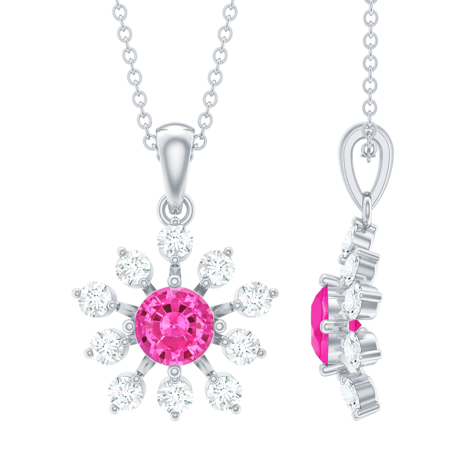 Lab Created Pink Sapphire and Diamond Flower Pendant Necklace