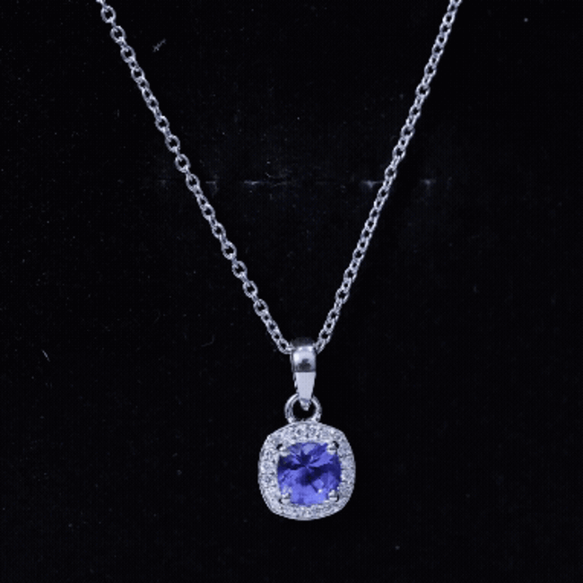 Cushion Cut 1.2 Carat Tanzanite Necklace with Lab Diamond Halo AAA 92.5 Sterling Silver - Rosec Jewels
