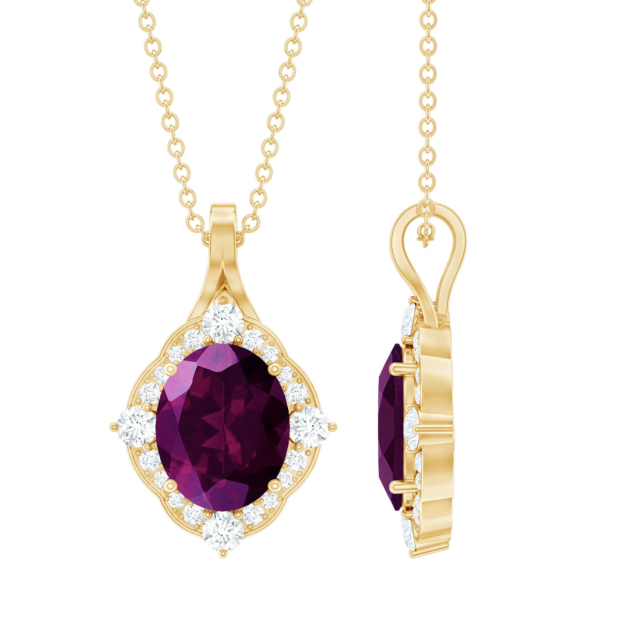 Rosec Jewels-Oval Rhodolite Garnet Vintage Necklace with Diamond Halo