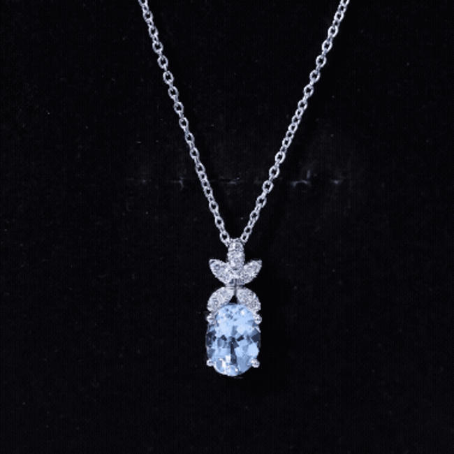Natural 1.7 CT Oval Aquamarine Flower Necklace with Lab Grown Diamonds AAA 92.5 Sterling Silver - Rosec Jewels