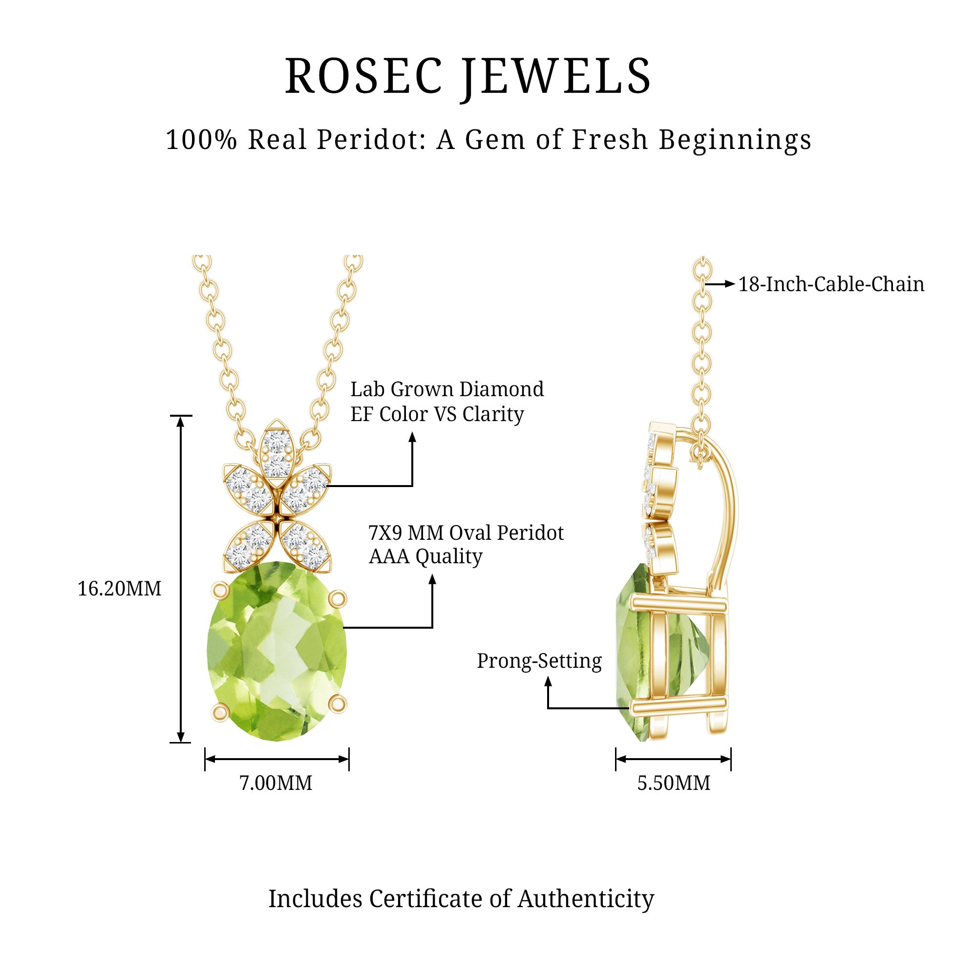 1.7 Carat Oval Peridot Diamond Flower Necklace for Women AAA 14K Yellow Gold Plated Silver - Rosec Jewels