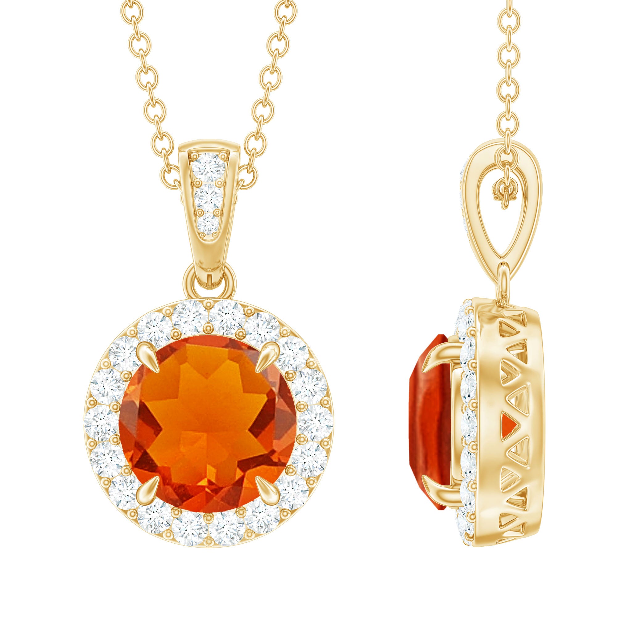 Round Shaped Fire Opal and Diamond Halo Necklace with Chain