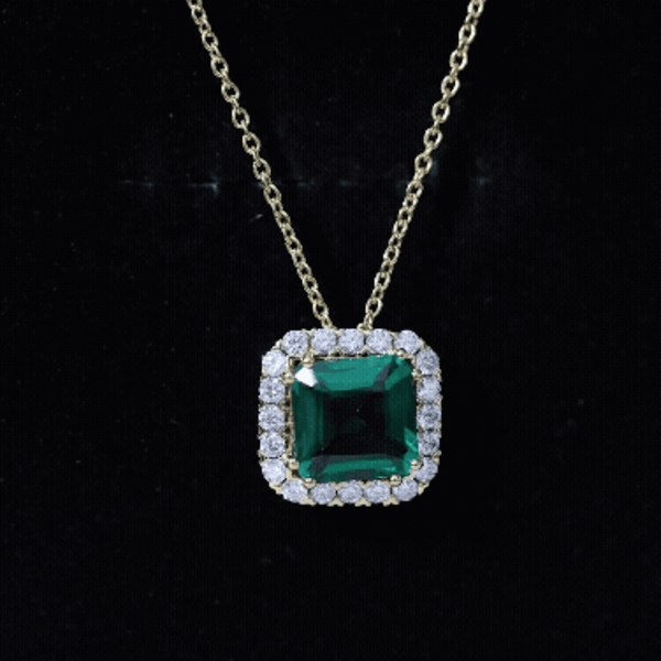 2.5 CT Asscher Cut Lab Grown Emerald Halo Necklace with Moissanite AAAA 14K Yellow Gold Plated Silver - Rosec Jewels