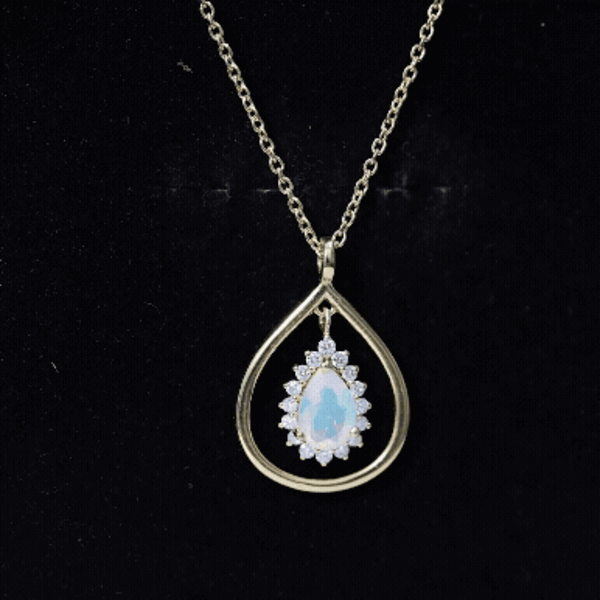 Natural 0.6 Carat Ethiopian Opal Teardrop Pendant Necklace with Lab Diamond Halo AAA 14K Yellow Gold Plated Silver - Rosec Jewels