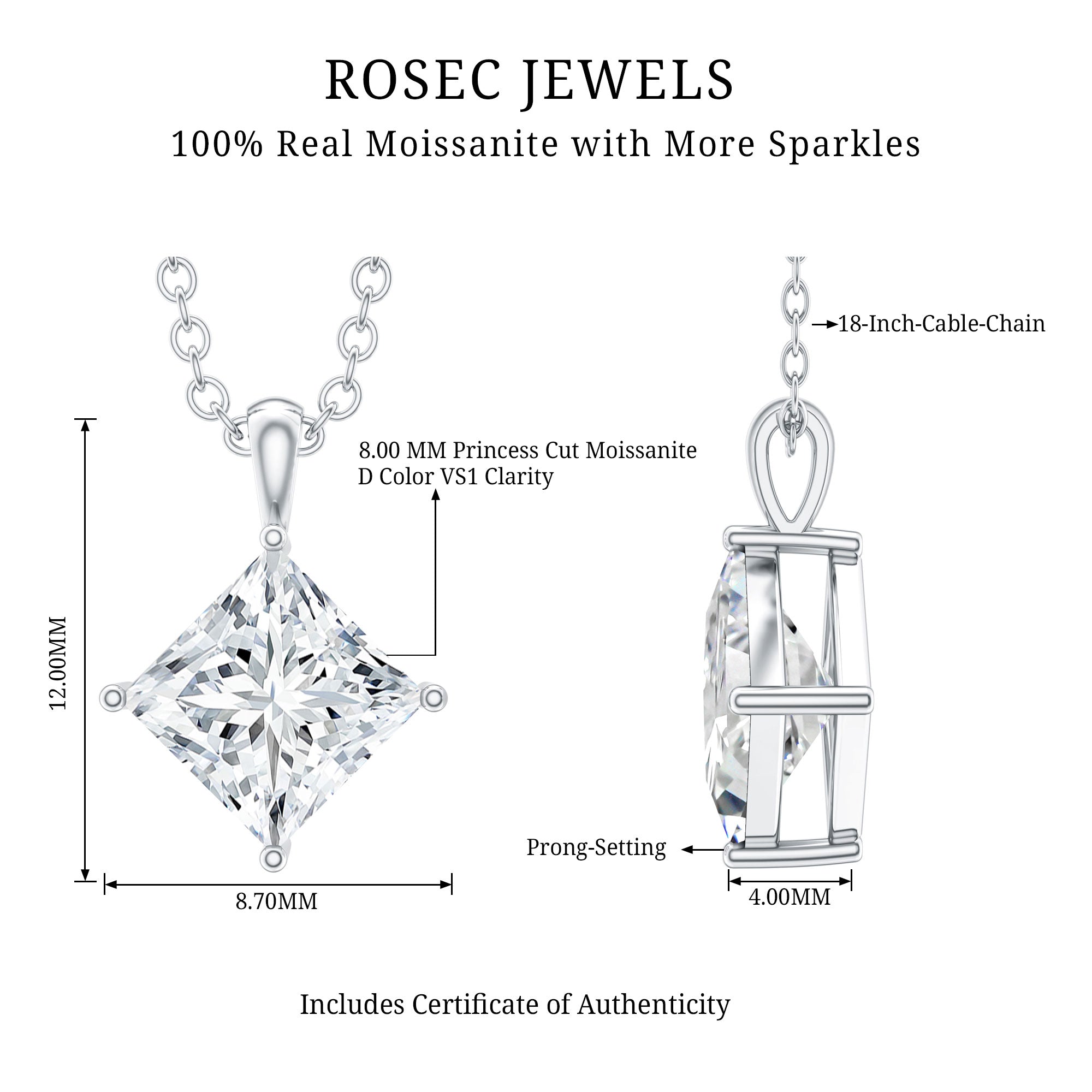 Rosec Jewels-3 Carat Solitaire Lab Grown Diamond Princess Cut Necklace with IGI Certificate