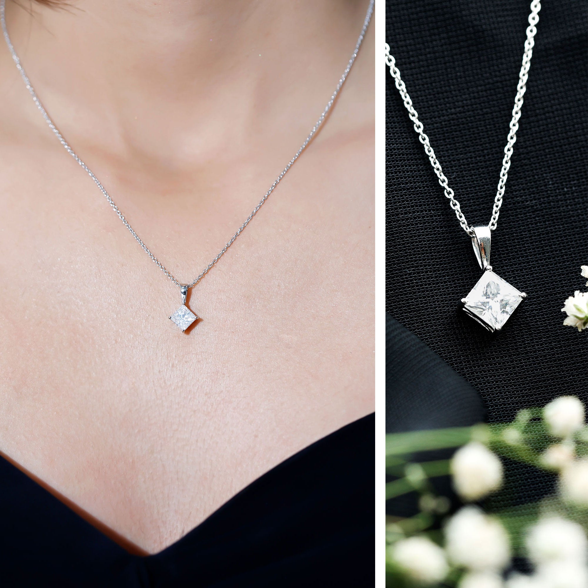 Rosec Jewels-3 Carat Solitaire Lab Grown Diamond Princess Cut Necklace with IGI Certificate