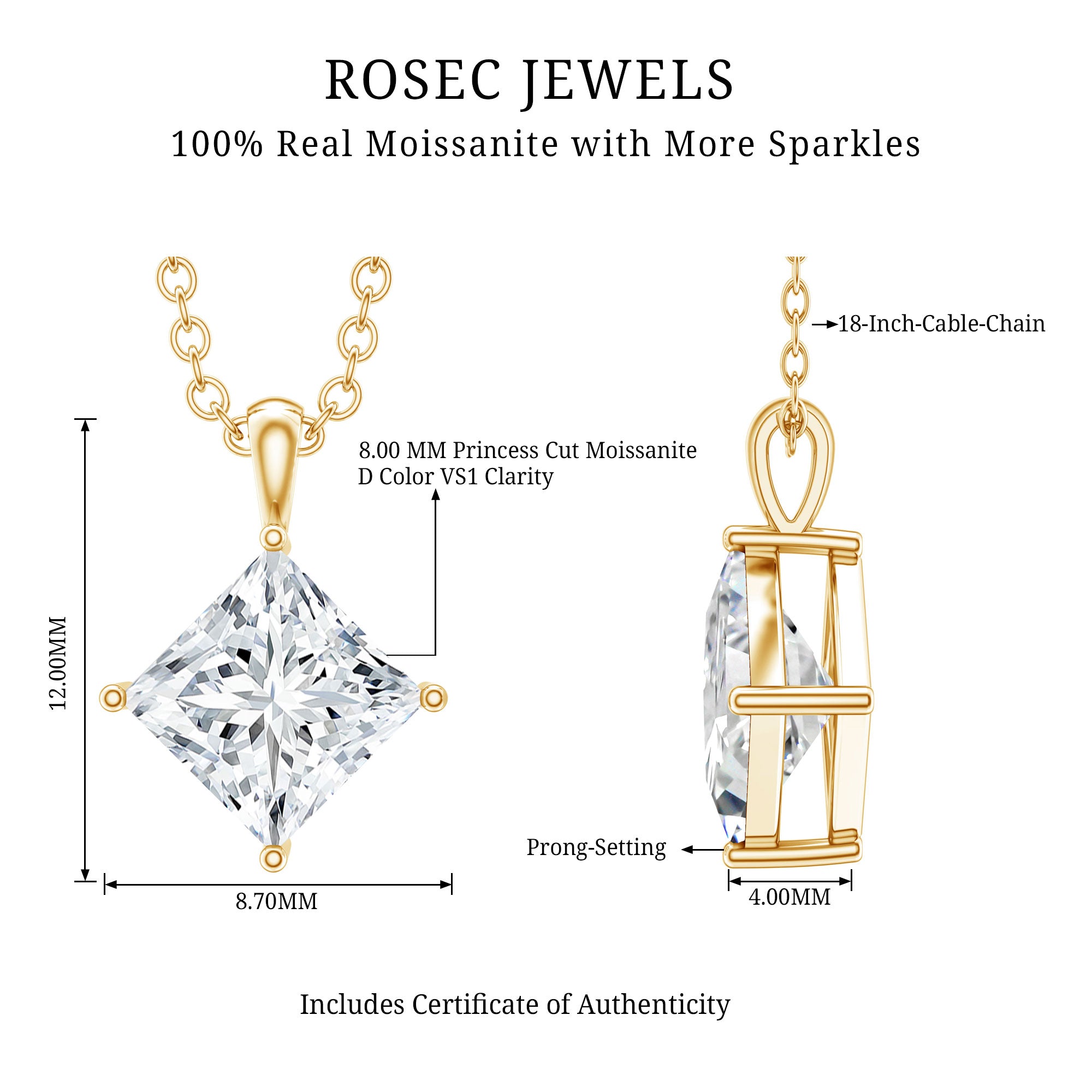Rosec Jewels-3 Carat Solitaire Lab Grown Diamond Princess Cut Necklace with IGI Certificate