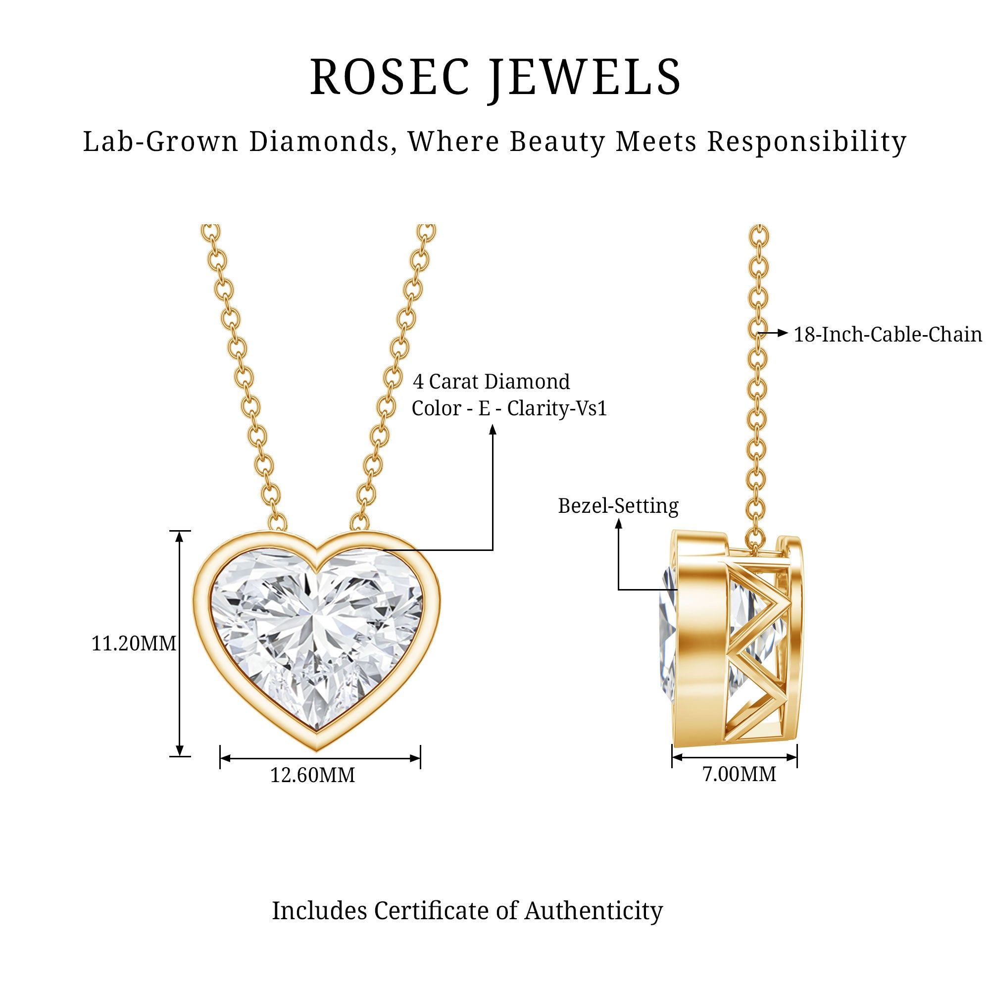 Rosec Jewels-IGI Certified Lab Grown Solitaire Diamond Heart Necklace 4 Carat