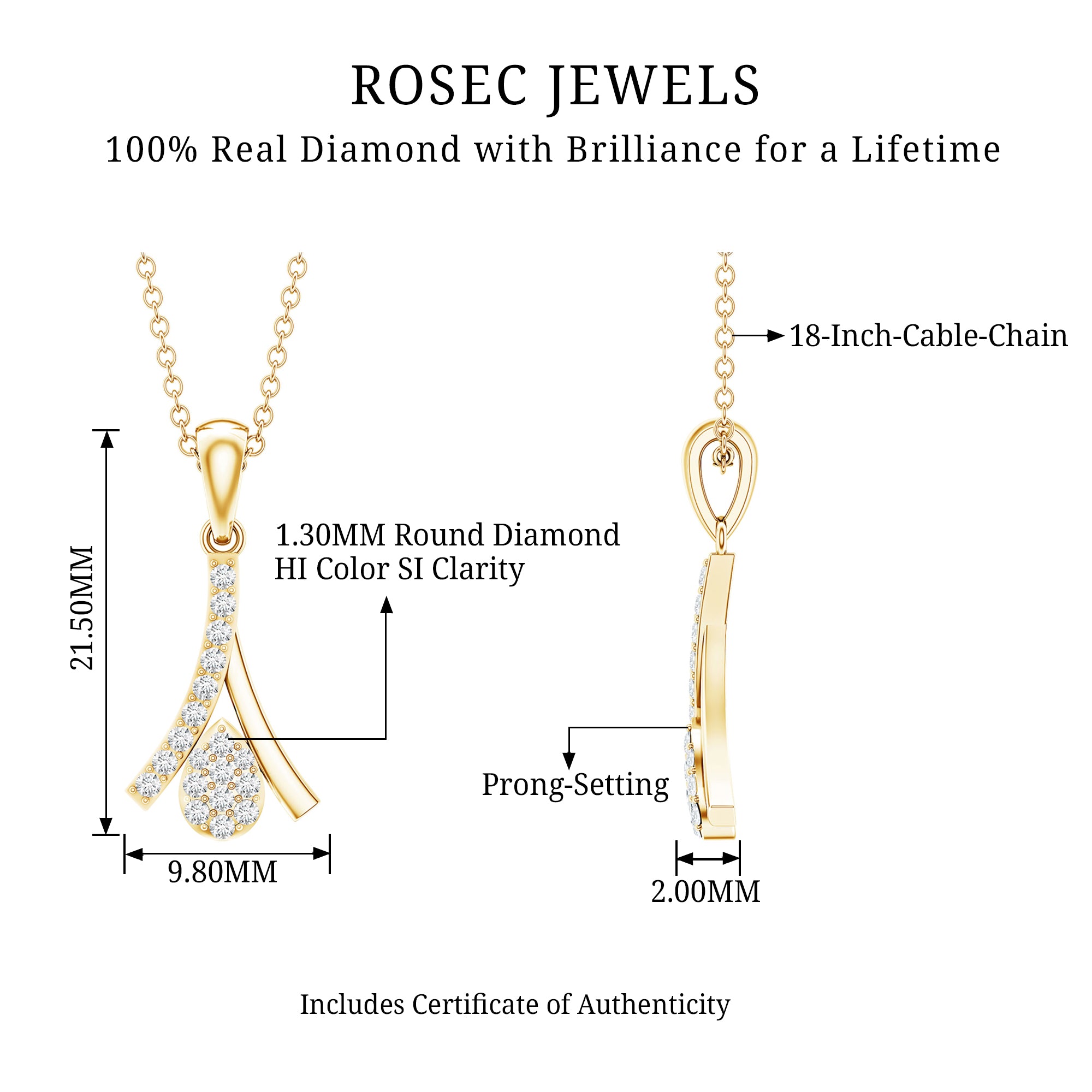 Certified Round Cut Diamond Cluster Necklace Natural - ( HI-SI ) - Rosec Jewels
