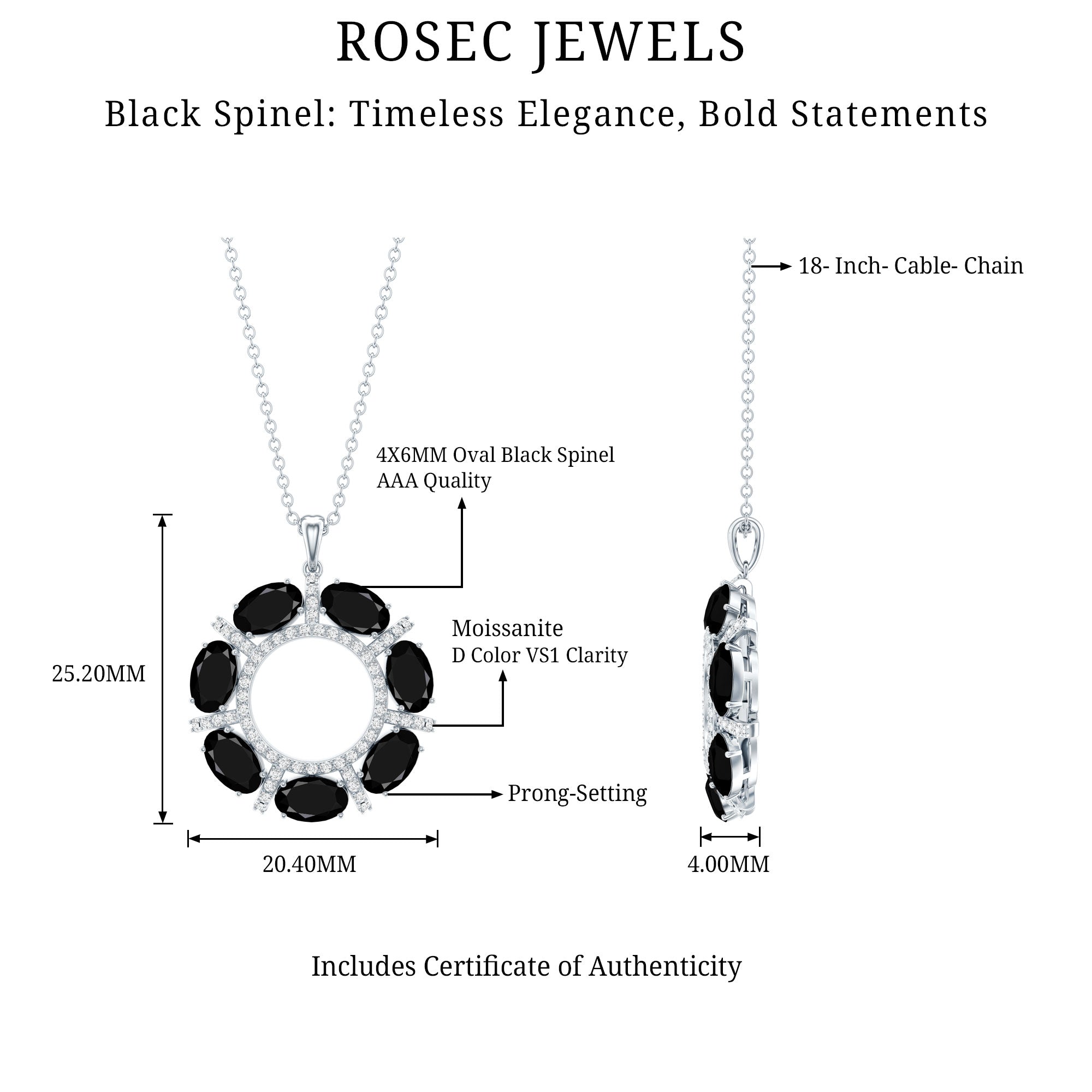 3 CT Oval Cut Black Spinel Eternity Necklace with Silver Chain AAA 92.5 Sterling Silver - Rosec Jewels