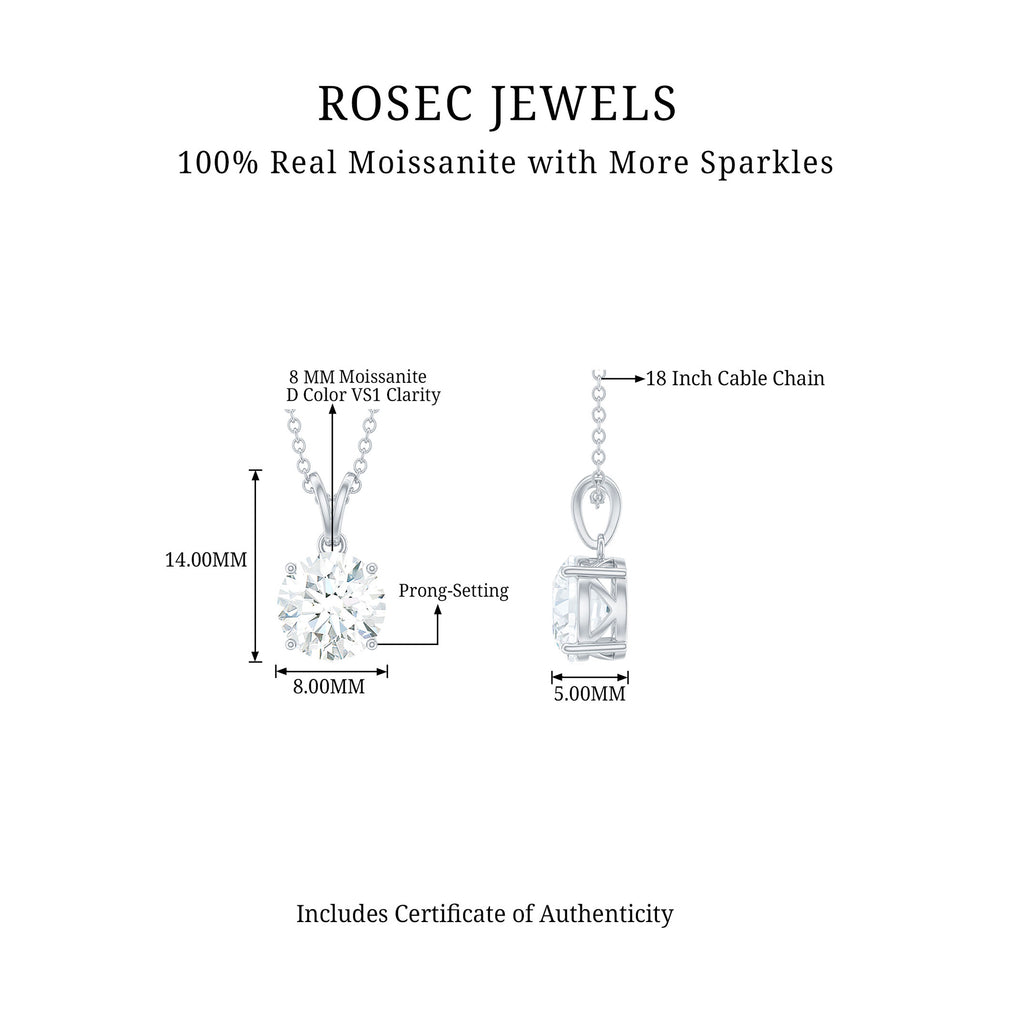 8 MM Certified Moissanite Solitaire Pendant Necklace Moissanite - ( D-VS1 ) - Color and Clarity - Rosec Jewels