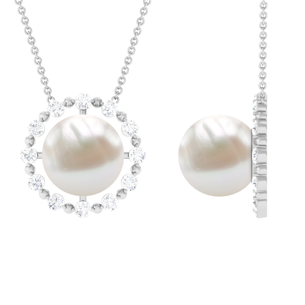 Freshwater Pearl Solitaire Necklace with Diamond Halo Freshwater Pearl - ( AAA ) - Quality - Rosec Jewels
