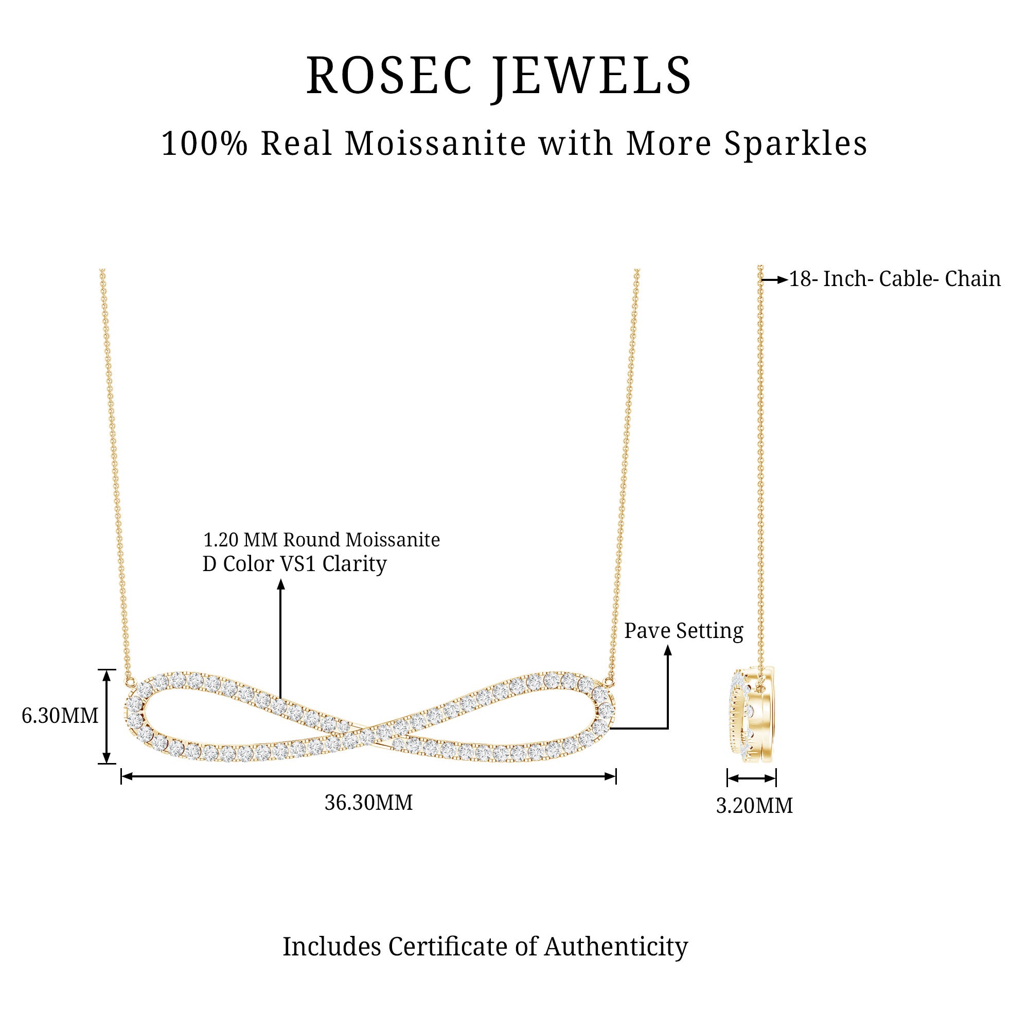 Pave Set Moissanite Infinity Necklace with Certificate D-VS1 - Rosec Jewels