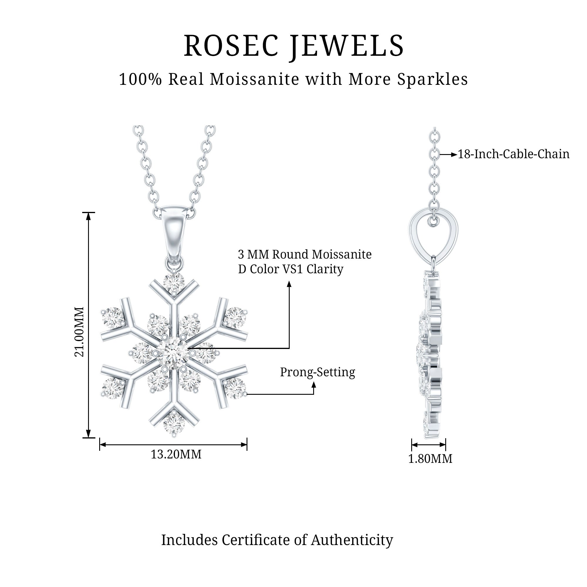 Certified Moissanite Snowflake Pendant Necklace for Women D-VS1 - Rosec Jewels