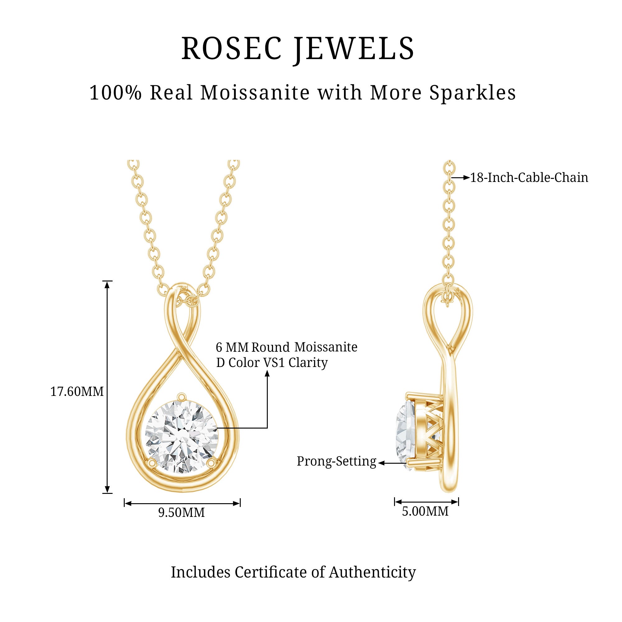 0.9 Carat Solitaire Moissanite Infinity Pendant with Certificate D-VS1 - Rosec Jewels