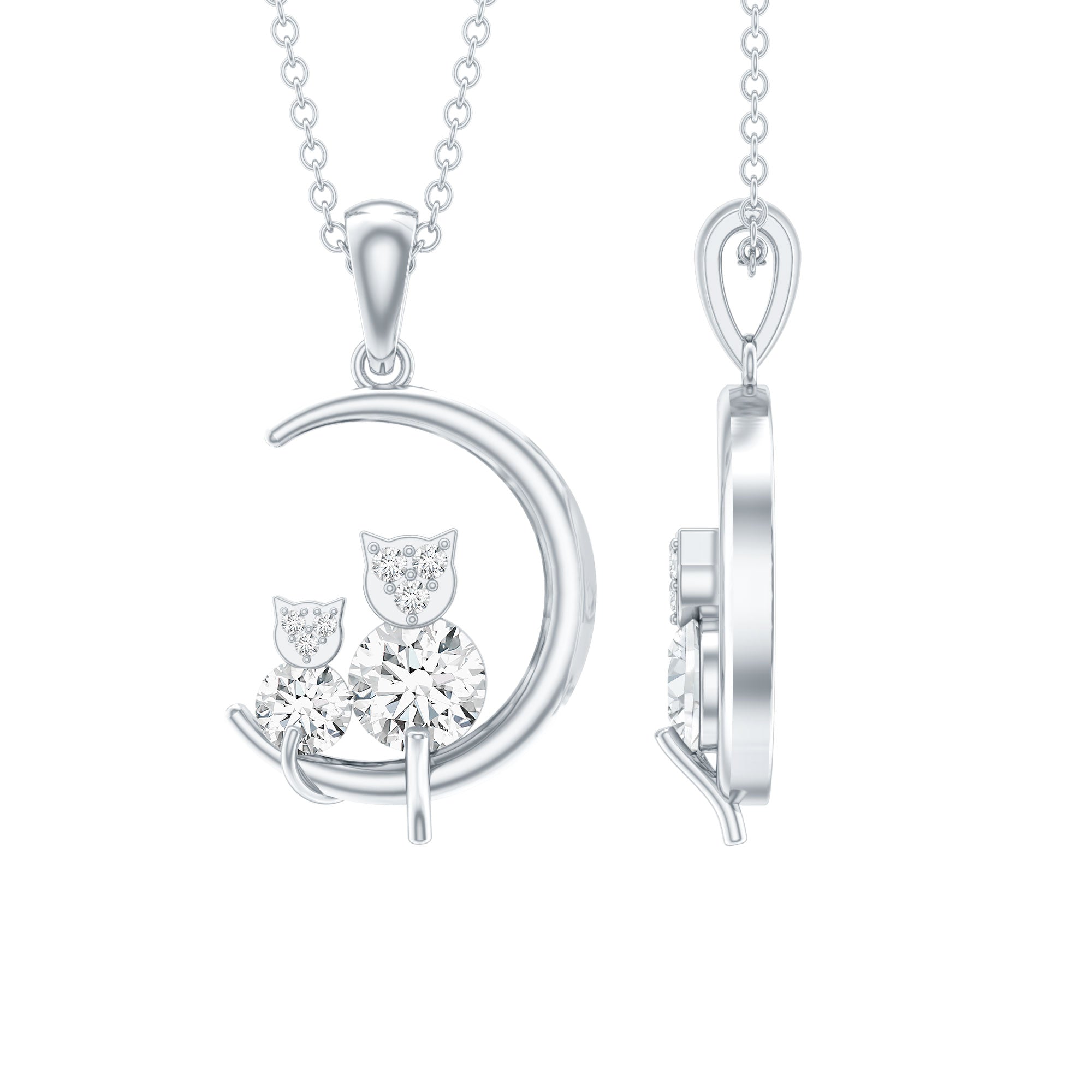 Certified Moissanite Cat on Moon Pendant