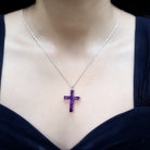 Princess Cut Amethyst Cross Pendant Necklace with Silver Chain AAA 92.5 Sterling Silver - Rosec Jewels