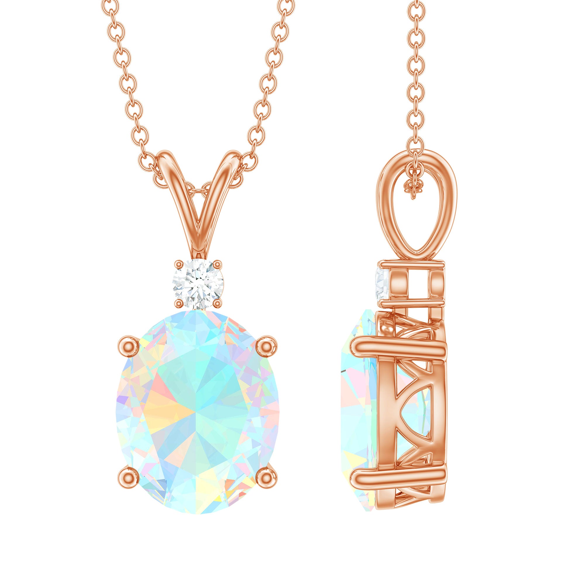 Ethiopian Opal Solitaire Minimal Pendant Necklace with Diamond Ethiopian Opal - ( AAA ) - Quality - Rosec Jewels