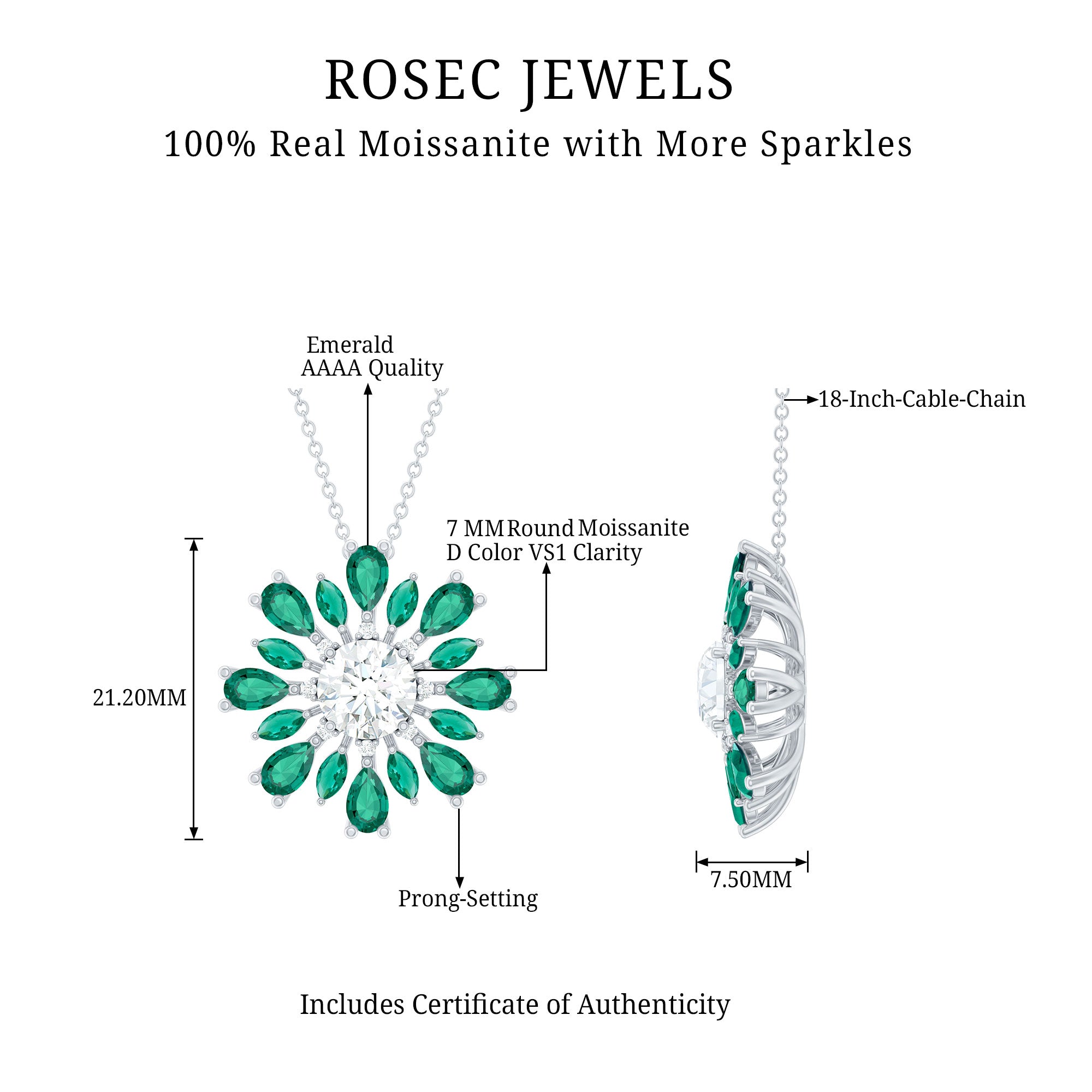 Rosec Jewels-Certified Moissanite Flower Designer Necklace With Lab Emerald