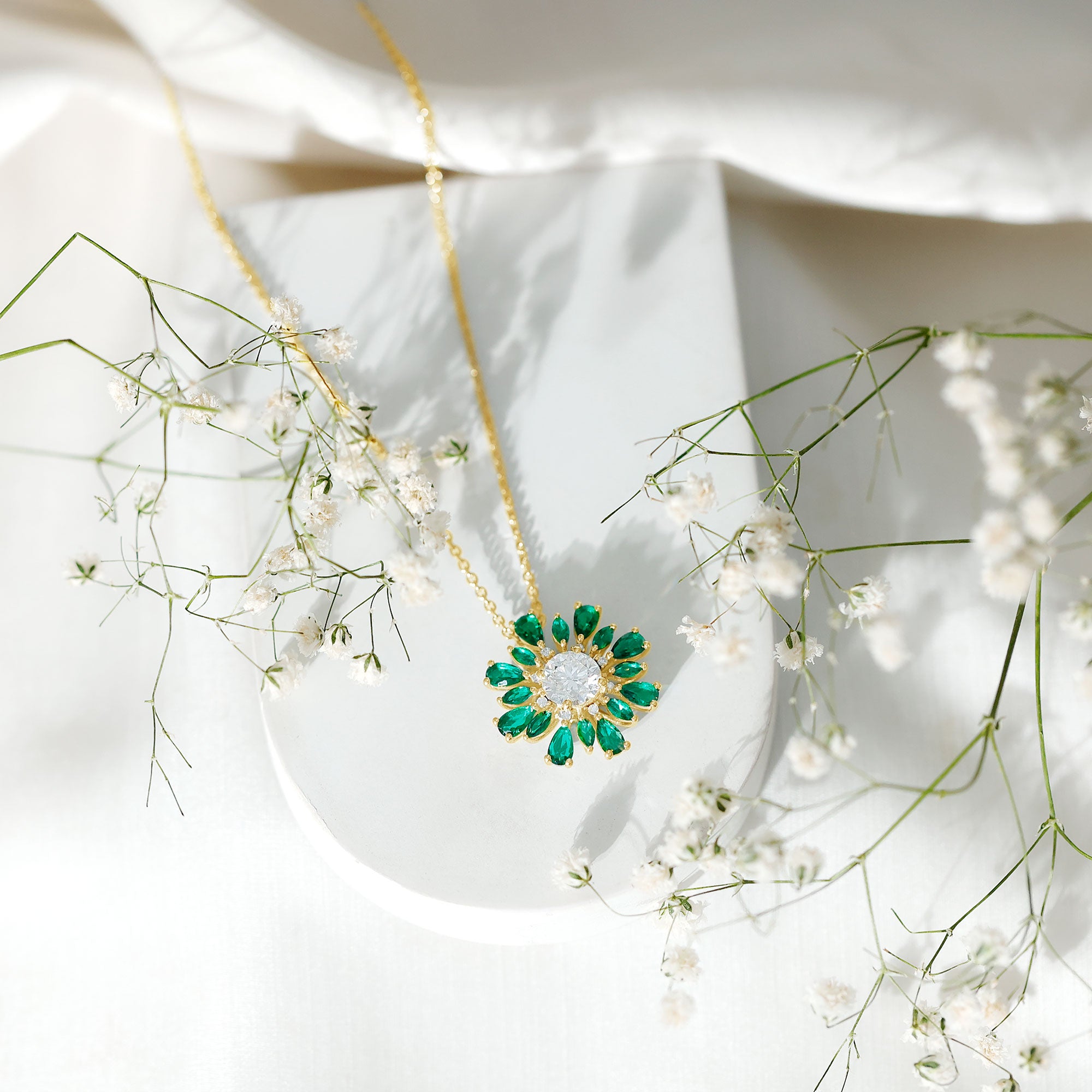 Rosec Jewels-Certified Moissanite Flower Designer Necklace With Lab Emerald