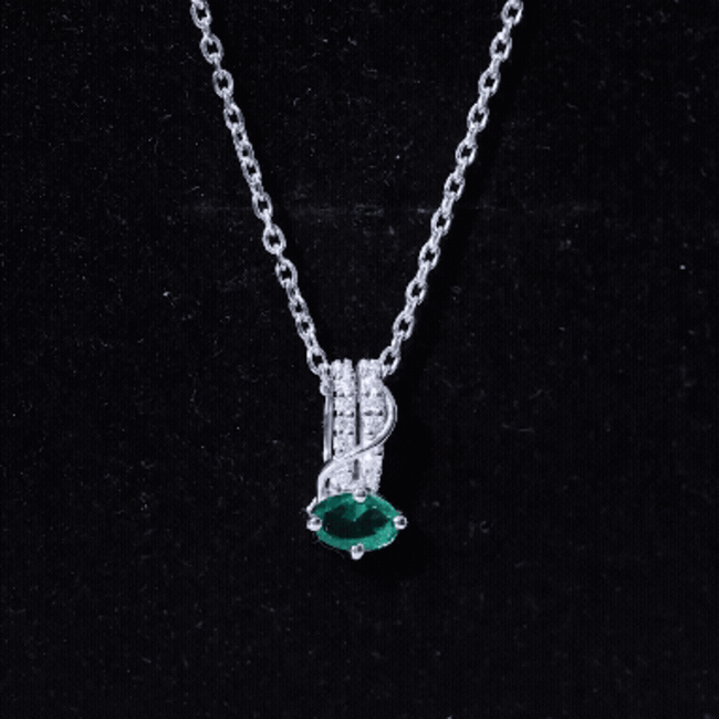 Oval Shaped Lab Emerald East West Necklace with Moissanite AAAA 92.5 Sterling Silver - Rosec Jewels
