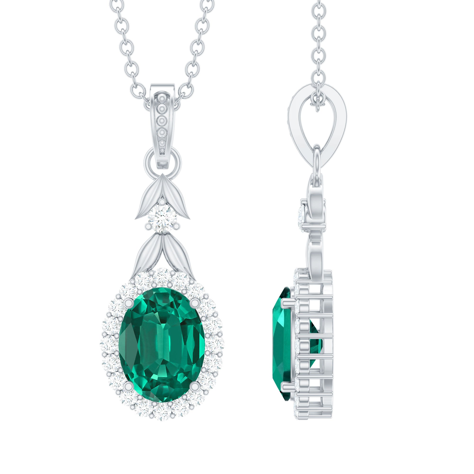 Lab Grown Emerald and Moissanite Vintage Necklace with Chain