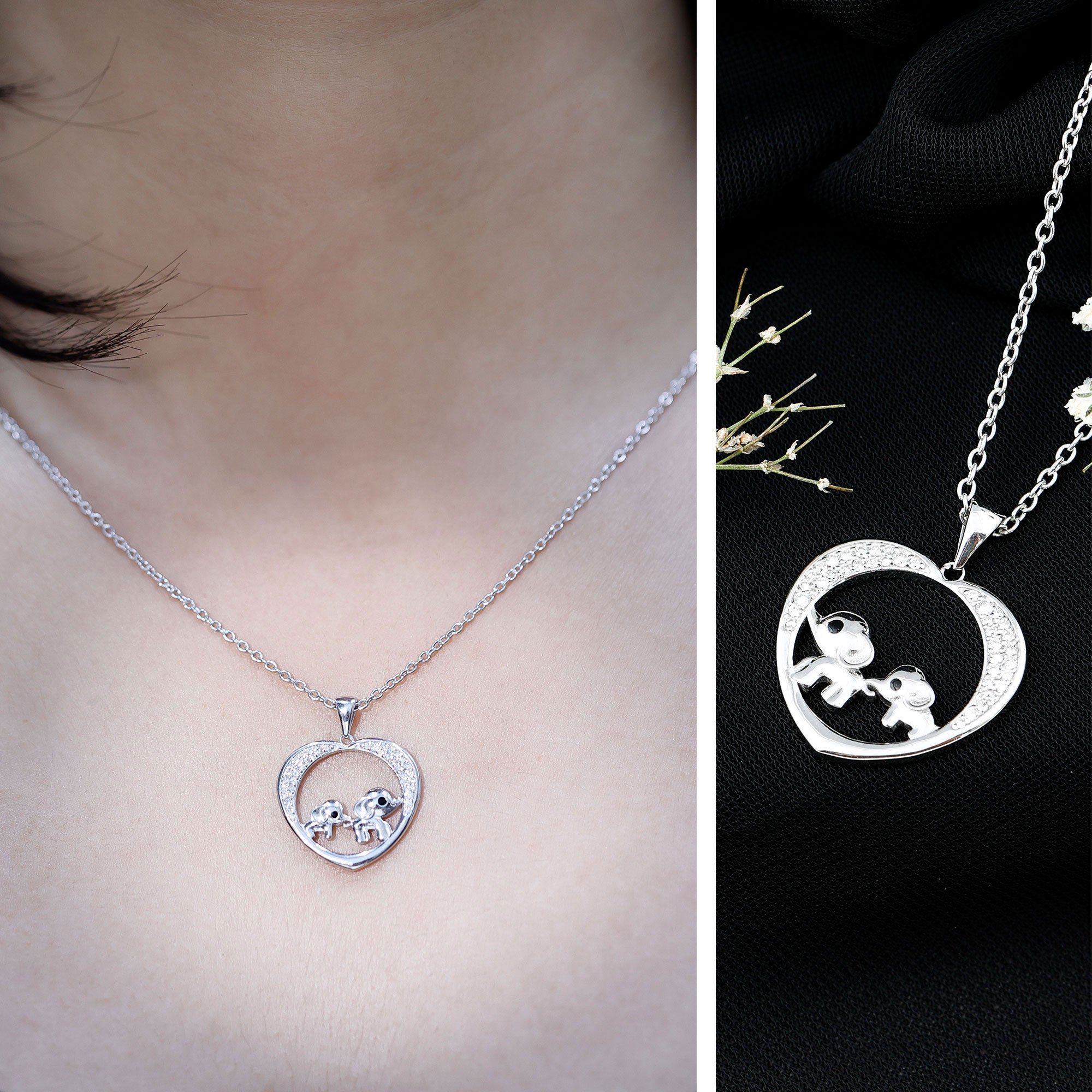Diamond Elephant Mother Child Necklace Lab - ( EF-VS ) - Rosec Jewels